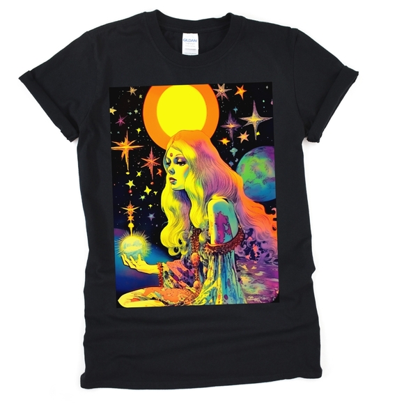 Glowing Goddess Shirt 🏵Free Art Print🌼 Celestial Moon Magic Bright Trippy - Picture 3 of 7